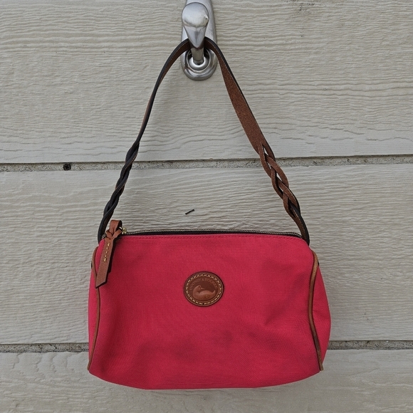 Dooney & Bourke hot pink canvas small purse with brown leather strap - Picture 1 of 15